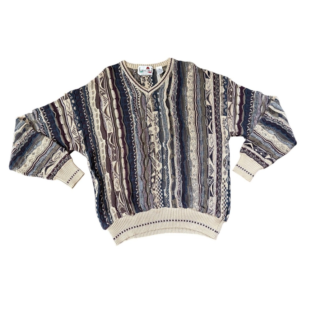 Florence Tricot Vintage 3D Knit Sweater Mens XL V-Neck Abstract Stripe
